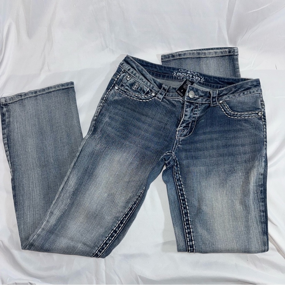 Paisley sky, size 6, boot cut, light wash jeans.